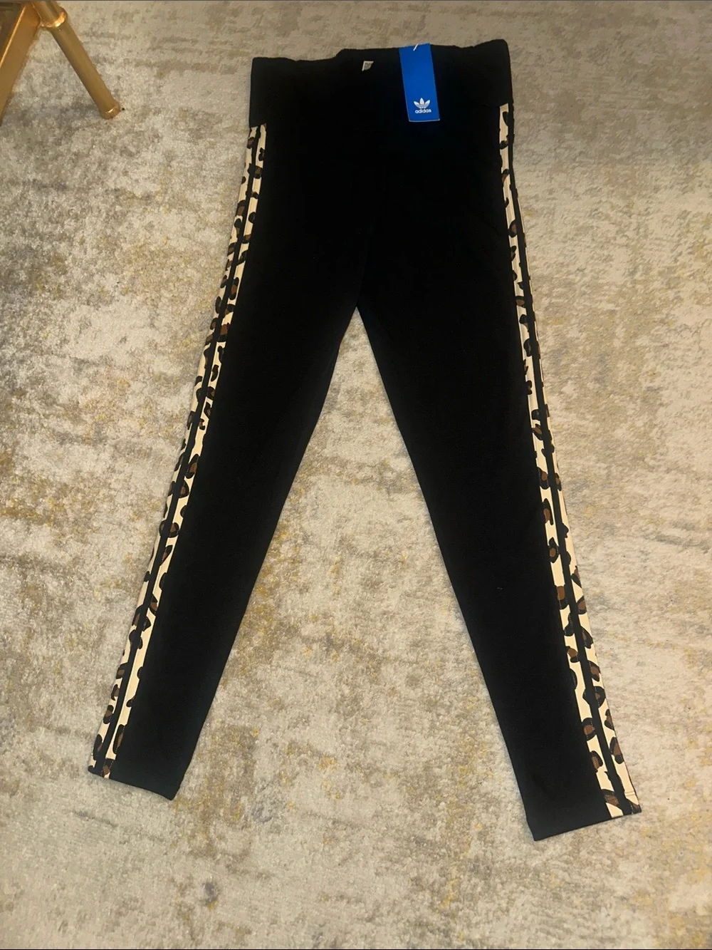 adidas Black Leggings with Tan Leopard-Print Side Stripes